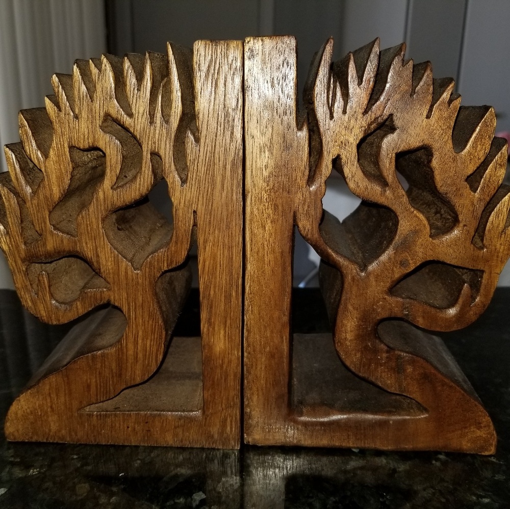 Wood carved tree of life book ends